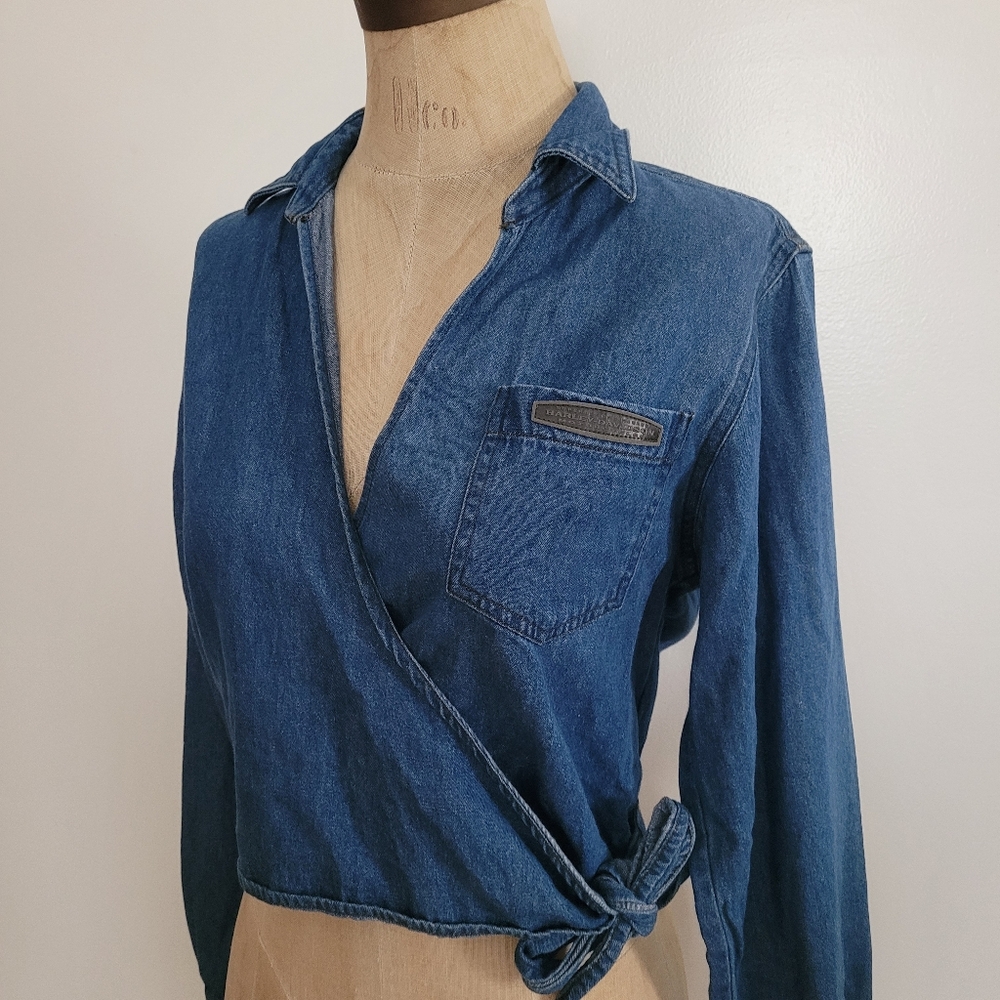 Harley Davidson Womens Denim Wrap Tie Belt Top 100% Cotton S Motorcycle Street - Picture 2 of 13